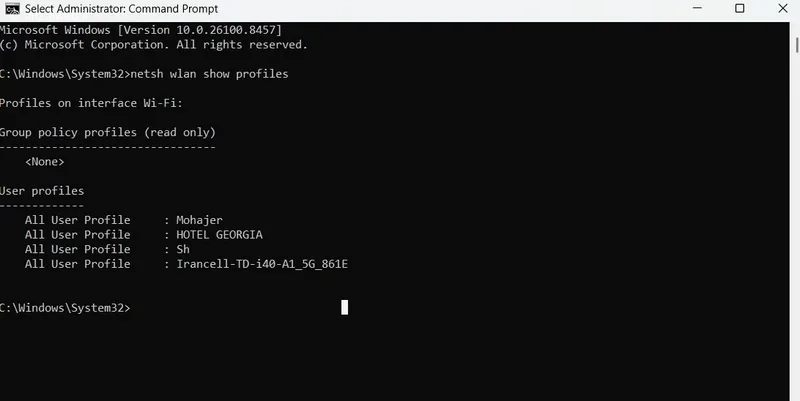 دستور netsh wlan show profiles