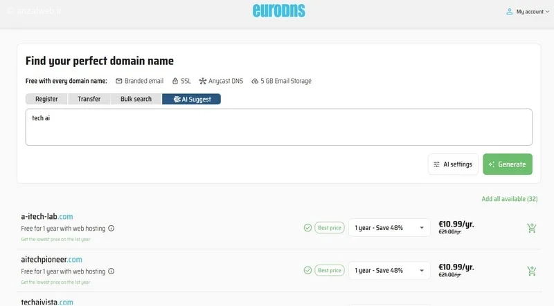 دیدن پیشنهادهای انتخاب دامنه در EuroDNS