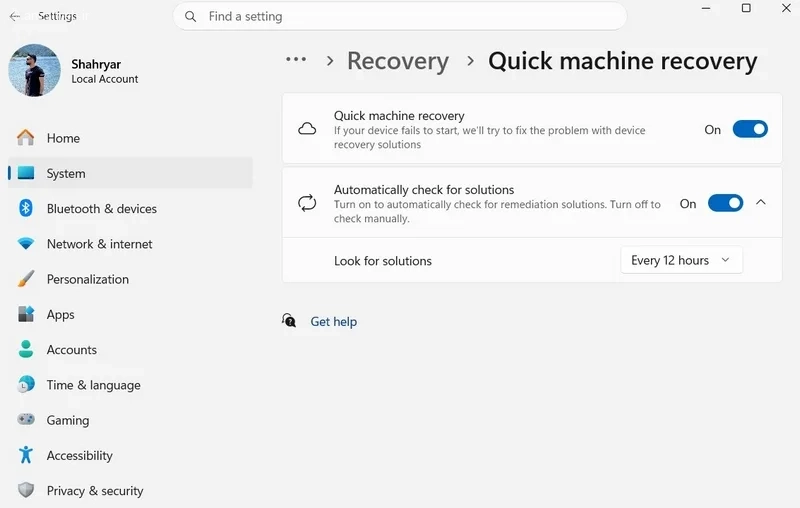 گزینه Quick Machine Recovery
