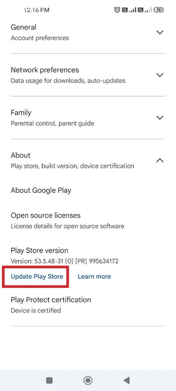 گزینه Update Play Store